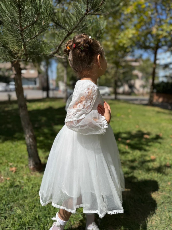 Kız Bebek Beyaz Elbise Tüllü Tütü Dantelli Doğum Günü Parti Düğün Özel Gün Kız Çocuk Abiye Elbise - BEYAZ