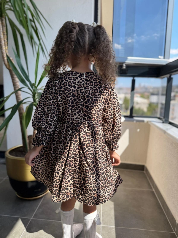 Kız Çocuk Elbise Leoparlı Elbise Uzun Kollu Fiyonklu Özel Gün Doğum Günü Parti Günlük Bebek Elbise - KAHVERENGİ