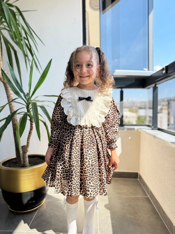Kız Çocuk Elbise Leoparlı Elbise Uzun Kollu Fiyonklu Özel Gün Doğum Günü Parti Günlük Bebek Elbise - KAHVERENGİ