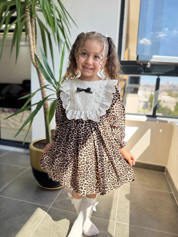 Kız Çocuk Elbise Leoparlı Elbise Uzun Kollu Fiyonklu Özel Gün Doğum Günü Parti Günlük Bebek Elbise - KAHVERENGİ