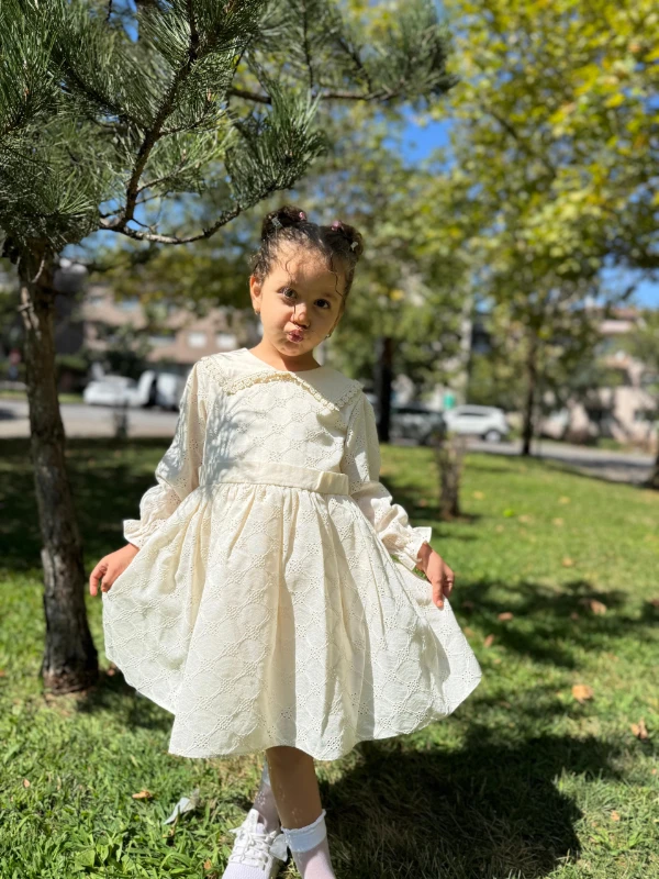 Kız Çocuk Elbise Uzun Kollu Fistolu V yaka Özel Gün Doğum Günü Düğün Parti Günlük Kız Bebek Elbise - KREM