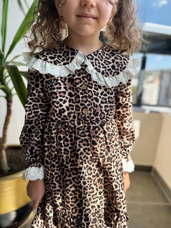 Kız Çocuk Leoparlı Elbise Bebe Yaka Dantelli Doğum Günü Özel Gün Parti Düğün Günlük Kız Bebek Elbise - KAHVERENGİ