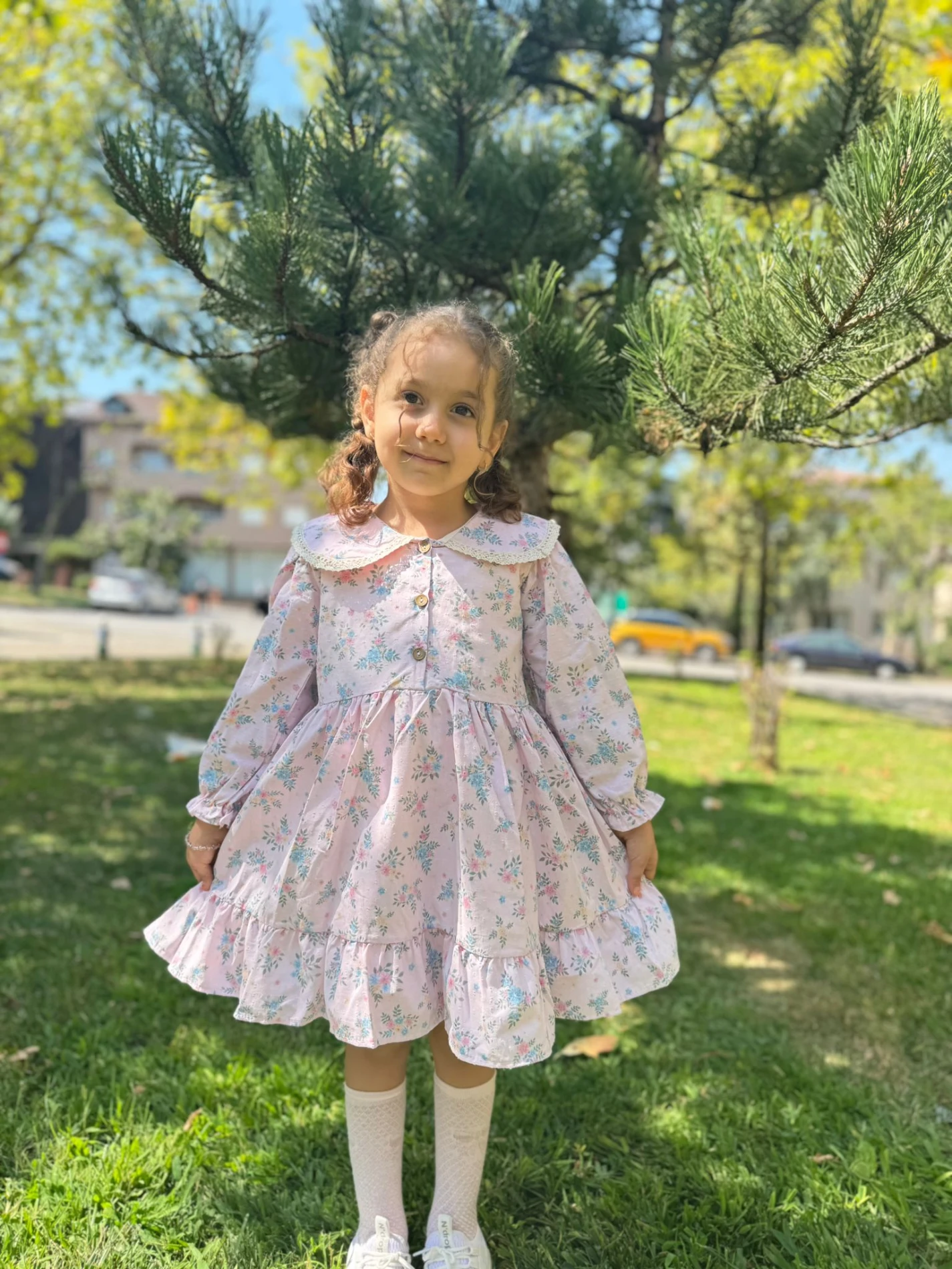 Kız Çocuk Elbise Uzun Kollu Çiçekli Düğmeli Özel Gün Doğum Günü Düğün Günlük Kız Bebek Elbise - LİLA