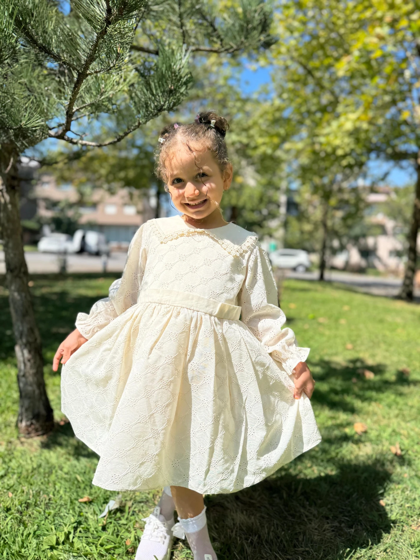 Kız Çocuk Elbise Uzun Kollu Fistolu V yaka Özel Gün Doğum Günü Düğün Parti Günlük Kız Bebek Elbise - KREM