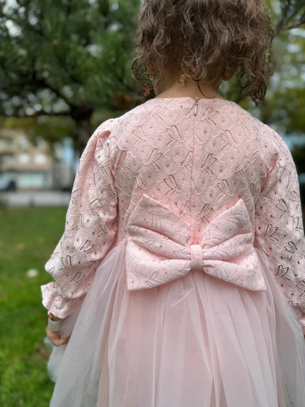 Kız Bebek Elbise Tüllü Tütü Fiyonklu Doğum Günü Parti Düğün Özel Gün Kız Çocuk Abiye Elbise - PEMBE