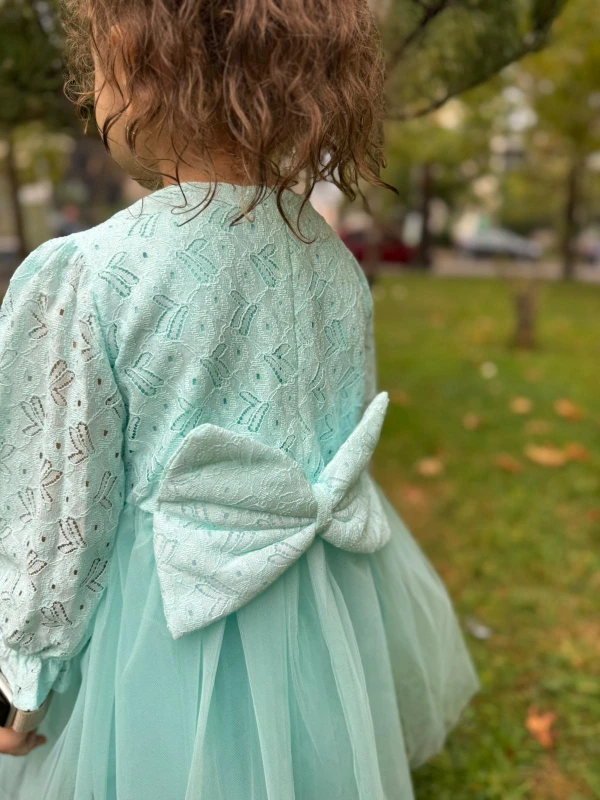 Kız Bebek Elbise Tüllü Tütü Fiyonklu Doğum Günü Parti Düğün Özel Gün Kız Çocuk Abiye Elbise - TURKUAZ