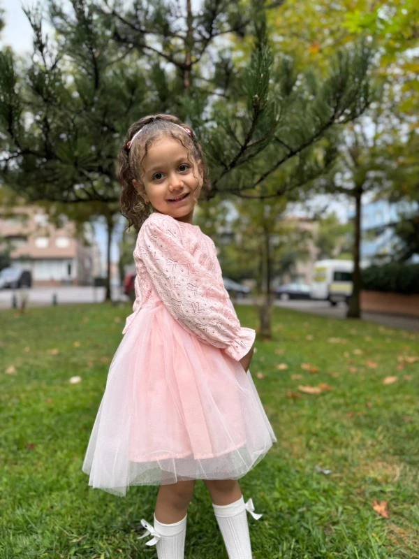 Kız Bebek Elbise Tüllü Tütü Fiyonklu Doğum Günü Parti Düğün Özel Gün Kız Çocuk Abiye Elbise - PEMBE