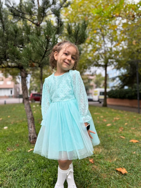 Kız Bebek Elbise Tüllü Tütü Fiyonklu Doğum Günü Parti Düğün Özel Gün Kız Çocuk Abiye Elbise - TURKUAZ