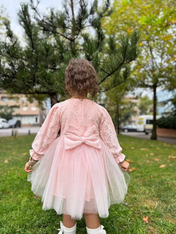 Kız Bebek Elbise Tüllü Tütü Fiyonklu Doğum Günü Parti Düğün Özel Gün Kız Çocuk Abiye Elbise - PEMBE