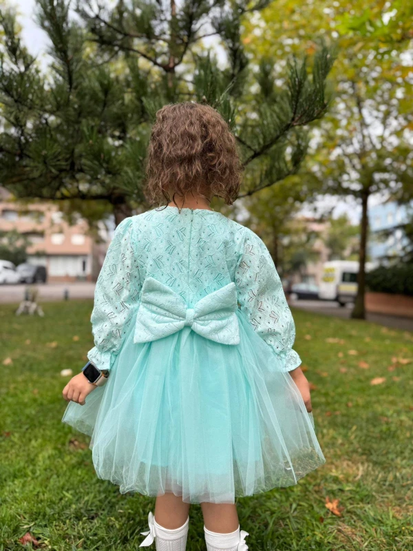 Kız Bebek Elbise Tüllü Tütü Fiyonklu Doğum Günü Parti Düğün Özel Gün Kız Çocuk Abiye Elbise - TURKUAZ