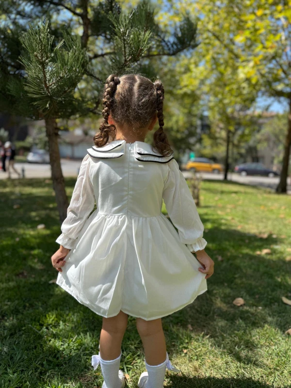 Kız Çocuk Elbise Bebe Yaka Kurdele Detaylı Doğum Günü Özel Gün Düğün Günlük Kız Bebek Elbise - BEYAZ
