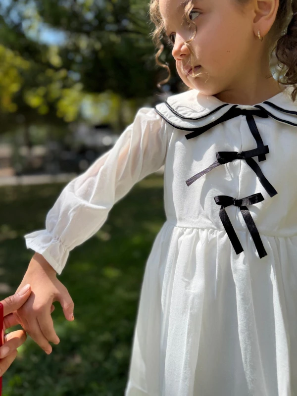 Kız Çocuk Elbise Bebe Yaka Kurdele Detaylı Doğum Günü Özel Gün Düğün Günlük Kız Bebek Elbise - BEYAZ