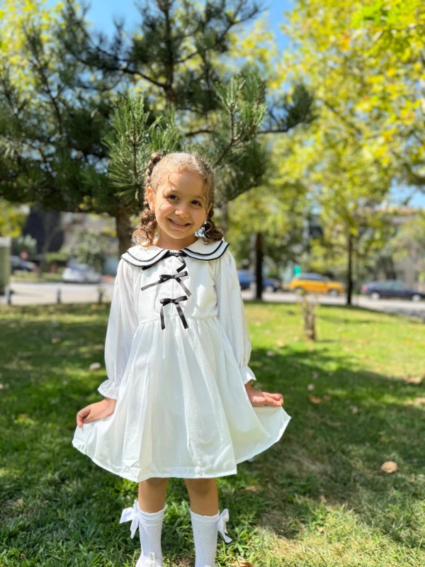 Kız Çocuk Elbise Bebe Yaka Kurdele Detaylı Doğum Günü Özel Gün Düğün Günlük Kız Bebek Elbise - BEYAZ