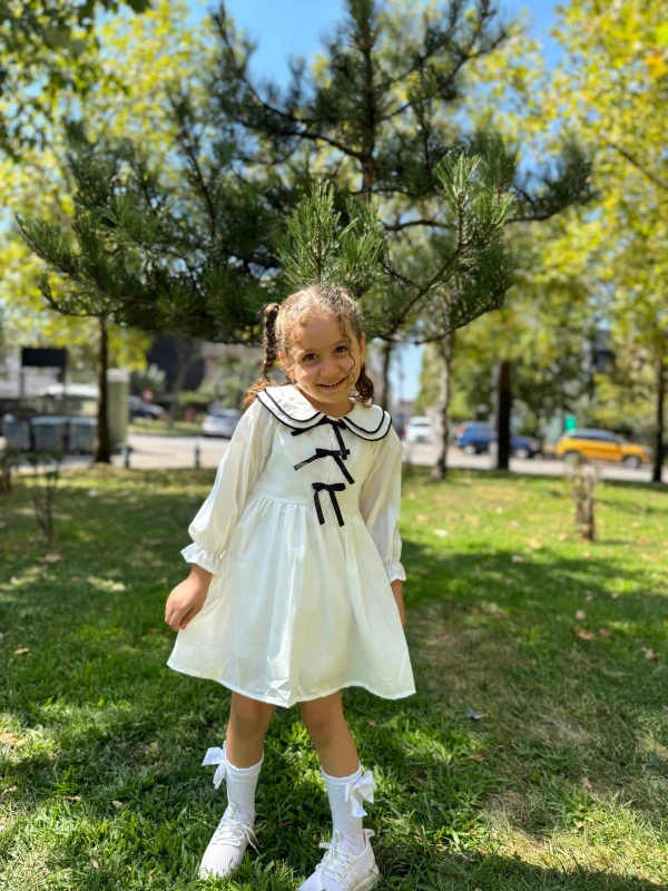 Kız Çocuk Elbise Bebe Yaka Kurdele Detaylı Doğum Günü Özel Gün Düğün Günlük Kız Bebek Elbise - BEYAZ