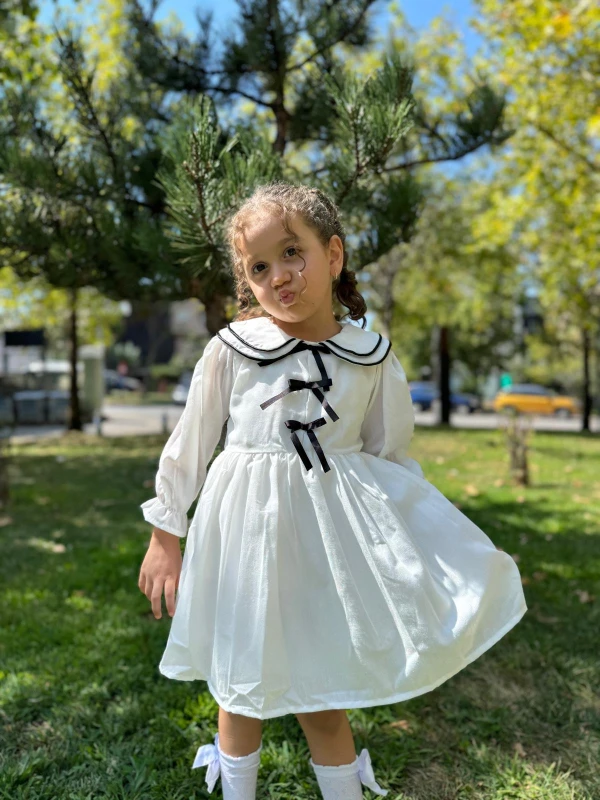 Kız Çocuk Elbise Bebe Yaka Kurdele Detaylı Doğum Günü Özel Gün Düğün Günlük Kız Bebek Elbise - BEYAZ