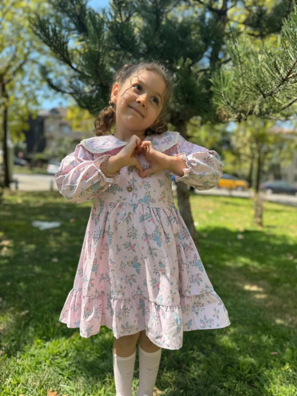 Kız Çocuk Elbise Uzun Kollu Çiçekli Düğmeli Özel Gün Doğum Günü Düğün Günlük Kız Bebek Elbise - LİLA