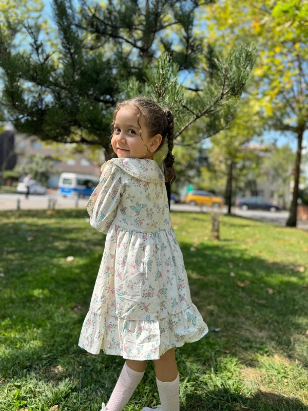 Kız Çocuk Elbise Uzun Kollu Çiçekli Düğmeli Özel Gün Doğum Günü Düğün Günlük Kız Bebek Elbise - BEJ