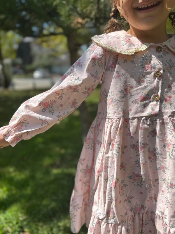 Kız Çocuk Elbise Uzun Kollu Çiçekli Düğmeli Özel Gün Doğum Günü Düğün Günlük Kız Bebek Elbise - PEMBE
