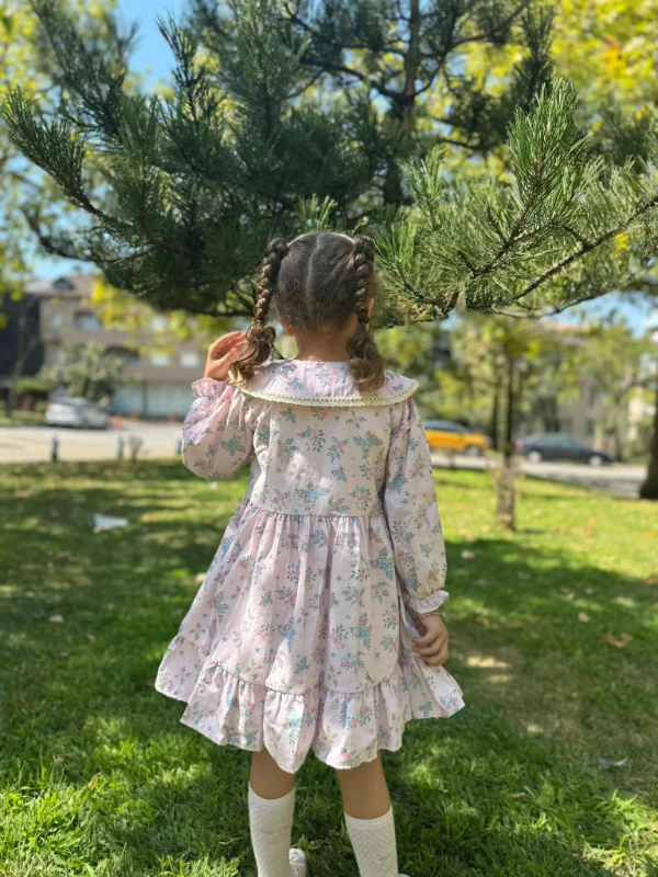 Kız Çocuk Elbise Uzun Kollu Çiçekli Düğmeli Özel Gün Doğum Günü Düğün Günlük Kız Bebek Elbise - LİLA