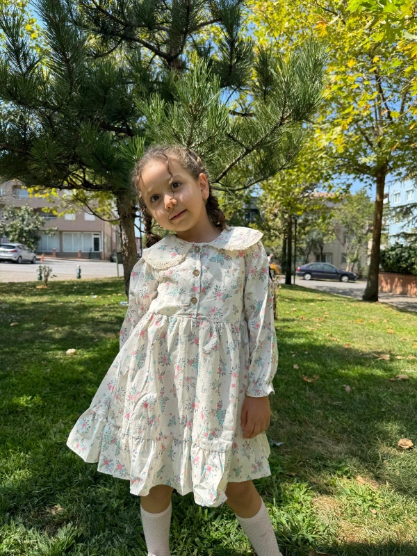 Kız Çocuk Elbise Uzun Kollu Çiçekli Düğmeli Özel Gün Doğum Günü Düğün Günlük Kız Bebek Elbise - BEJ