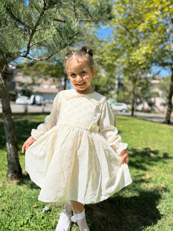 Kız Çocuk Elbise Uzun Kollu Fistolu V yaka Özel Gün Doğum Günü Düğün Parti Günlük Kız Bebek Elbise - KREM