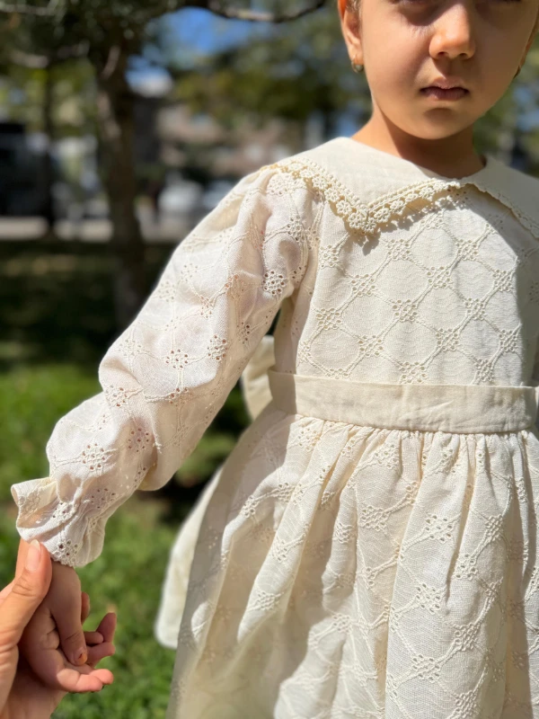 Kız Çocuk Elbise Uzun Kollu Fistolu V yaka Özel Gün Doğum Günü Düğün Parti Günlük Kız Bebek Elbise - KREM
