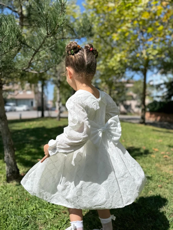 Kız Çocuk Elbise Uzun Kollu Fistolu V yaka Özel Gün Doğum Günü Düğün Parti Günlük Kız Bebek Elbise - BEYAZ