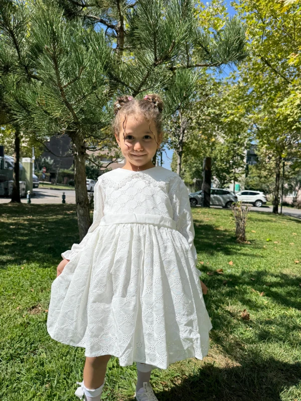 Kız Çocuk Elbise Uzun Kollu Fistolu V yaka Özel Gün Doğum Günü Düğün Parti Günlük Kız Bebek Elbise - BEYAZ