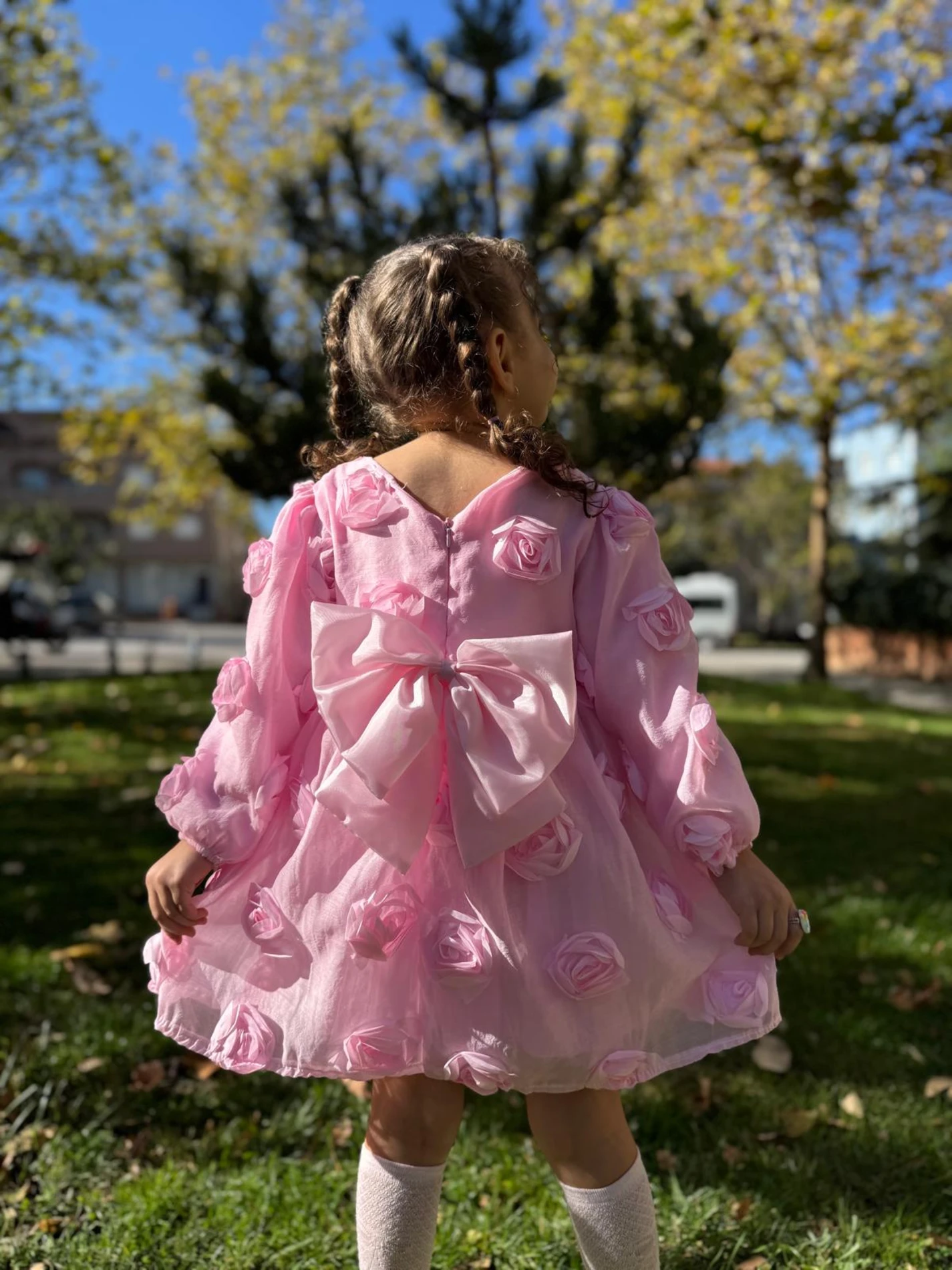 Kız Bebek Kız Çocuk Uzun Kollu Sırt Detay Fiyonklu Özel Gün Doğum Günü Parti Düğün Bayramlık Elbise - PEMBE