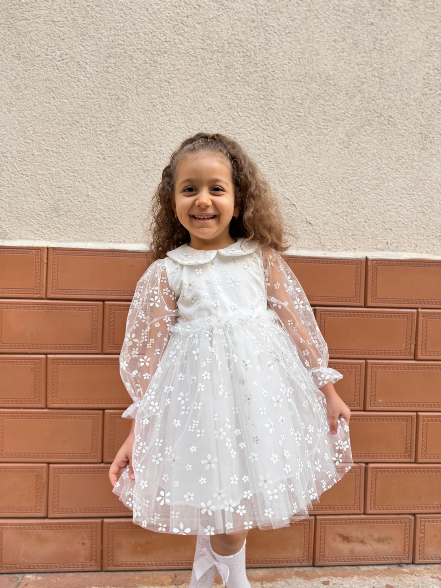 Kız Çocuk Bebek Uzun Kollu Papatyalı Çiçekli Tüllü Doğum Günü Düğün Parti Özel Gün Bayramlık Elbise - BEYAZ