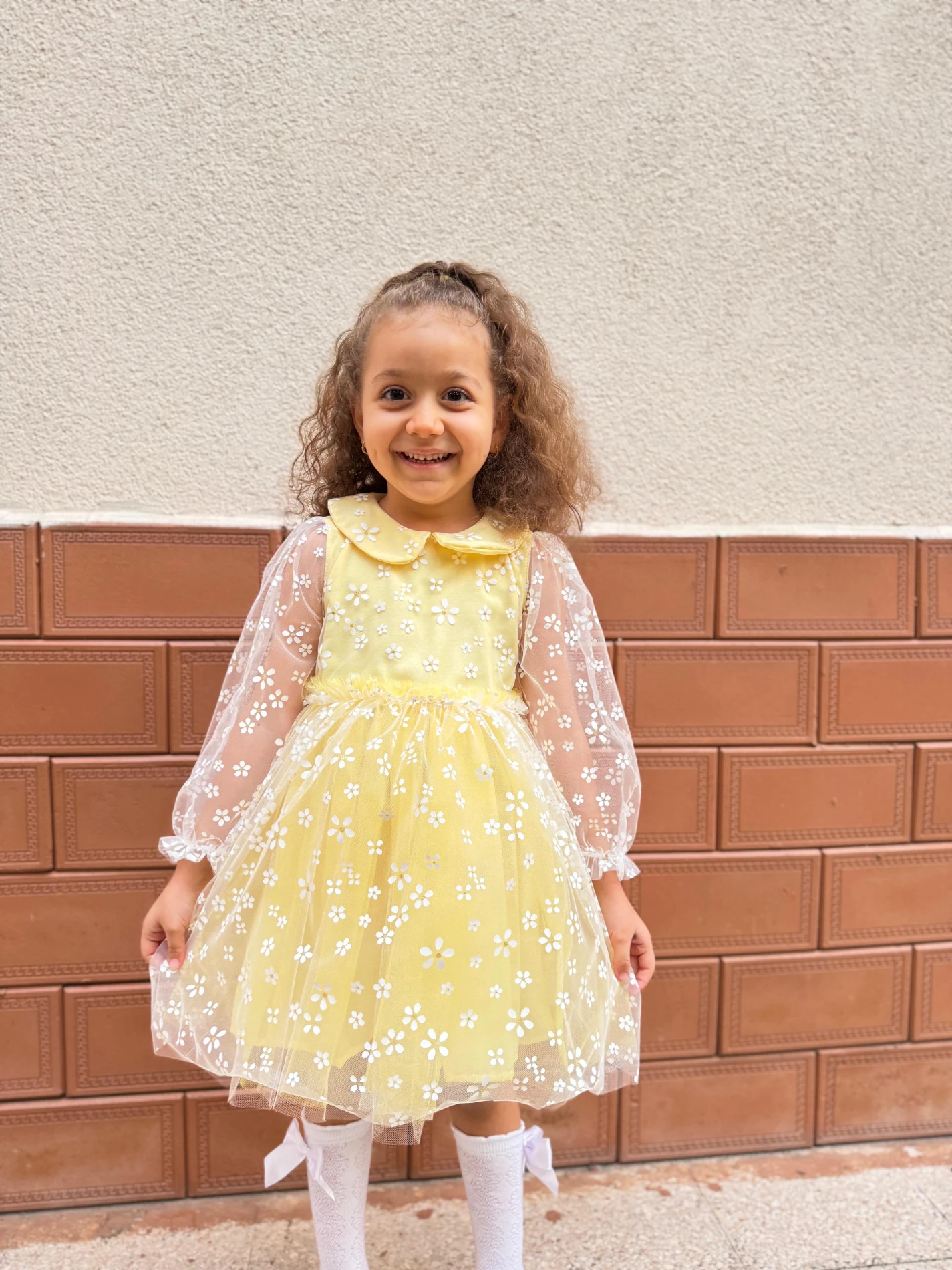 Kız Çocuk Bebek Uzun Kollu Papatyalı Çiçekli Tüllü Doğum Günü Düğün Parti Özel Gün Bayramlık Elbise - SARI