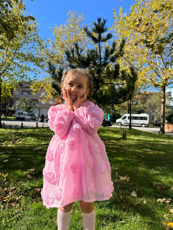 Kız Bebek Kız Çocuk Uzun Kollu Sırt Detay Fiyonklu Özel Gün Doğum Günü Parti Düğün Bayramlık Elbise - PEMBE