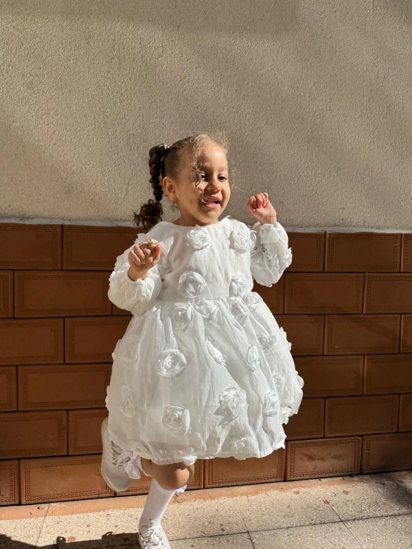 Kız Bebek Kız Çocuk Uzun Kollu Sırt Detay Fiyonklu Özel Gün Doğum Günü Parti Düğün Bayramlık Elbise - BEYAZ