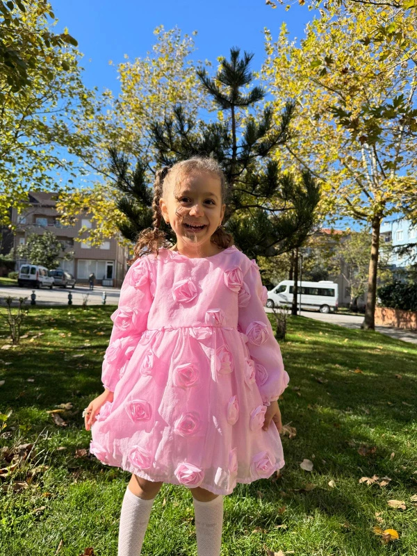 Kız Bebek Kız Çocuk Uzun Kollu Sırt Detay Fiyonklu Özel Gün Doğum Günü Parti Düğün Bayramlık Elbise - PEMBE