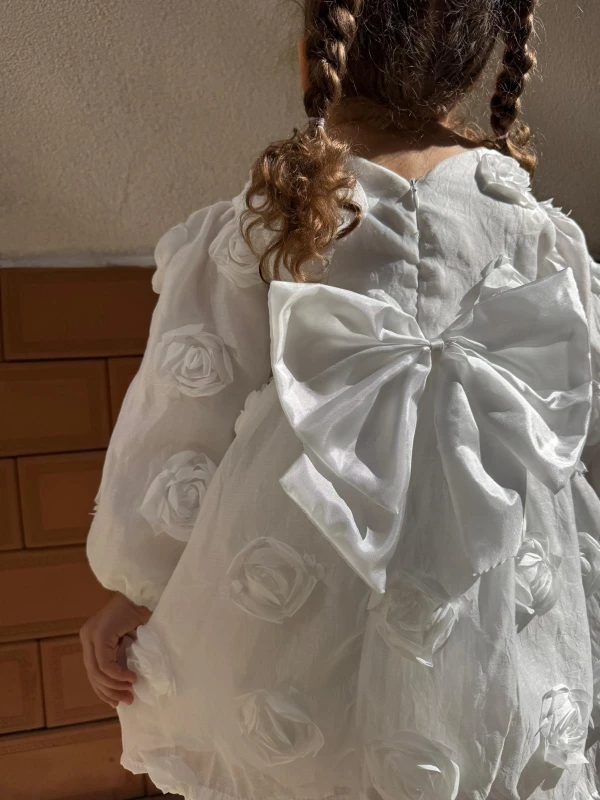 Kız Bebek Kız Çocuk Uzun Kollu Sırt Detay Fiyonklu Özel Gün Doğum Günü Parti Düğün Bayramlık Elbise - BEYAZ