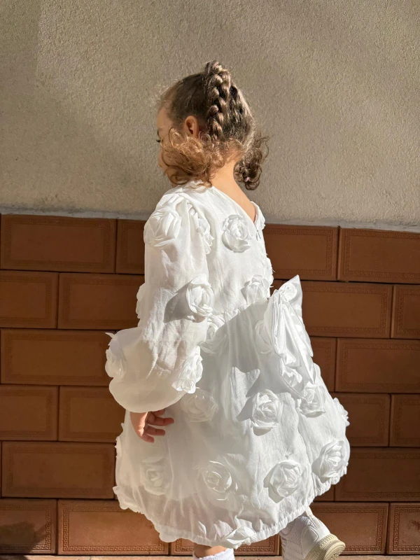 Kız Bebek Kız Çocuk Uzun Kollu Sırt Detay Fiyonklu Özel Gün Doğum Günü Parti Düğün Bayramlık Elbise - BEYAZ