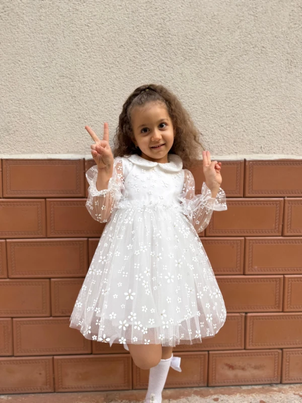 Kız Çocuk Bebek Uzun Kollu Papatyalı Çiçekli Tüllü Doğum Günü Düğün Parti Özel Gün Bayramlık Elbise - BEYAZ