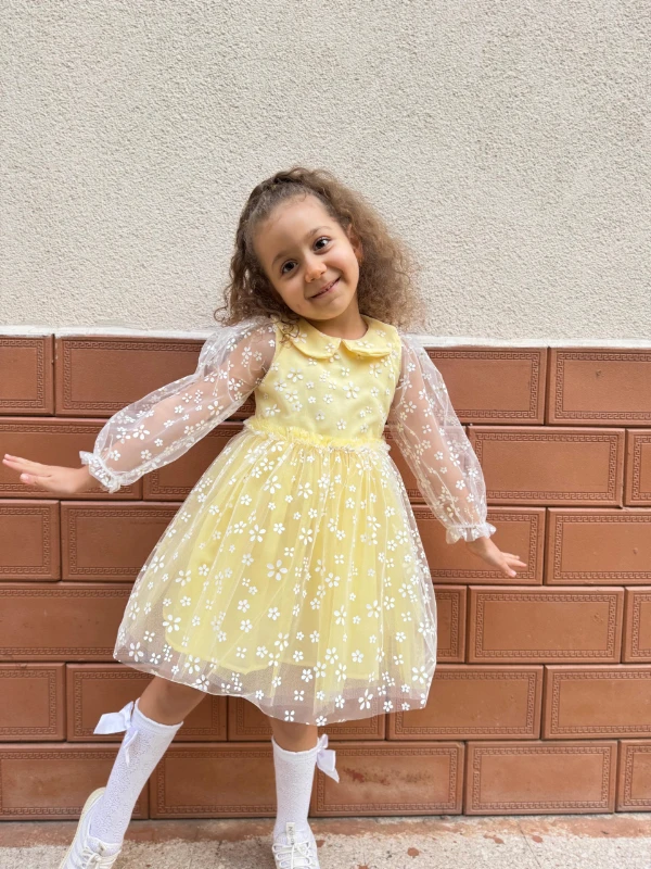 Kız Çocuk Bebek Uzun Kollu Papatyalı Çiçekli Tüllü Doğum Günü Düğün Parti Özel Gün Bayramlık Elbise - SARI