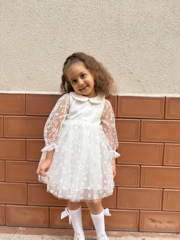 Kız Çocuk Bebek Uzun Kollu Papatyalı Çiçekli Tüllü Doğum Günü Düğün Parti Özel Gün Bayramlık Elbise - BEYAZ