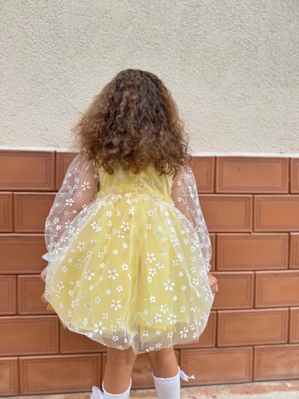 Kız Çocuk Bebek Uzun Kollu Papatyalı Çiçekli Tüllü Doğum Günü Düğün Parti Özel Gün Bayramlık Elbise - SARI
