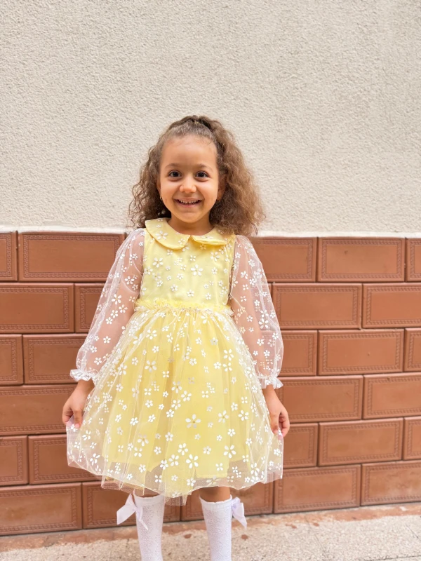 Kız Çocuk Bebek Uzun Kollu Papatyalı Çiçekli Tüllü Doğum Günü Düğün Parti Özel Gün Bayramlık Elbise - SARI