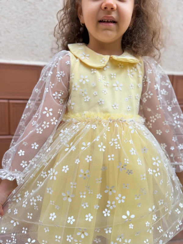 Kız Çocuk Bebek Uzun Kollu Papatyalı Çiçekli Tüllü Doğum Günü Düğün Parti Özel Gün Bayramlık Elbise - SARI