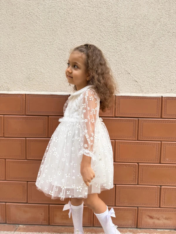 Kız Çocuk Bebek Uzun Kollu Papatyalı Çiçekli Tüllü Doğum Günü Düğün Parti Özel Gün Bayramlık Elbise - BEYAZ