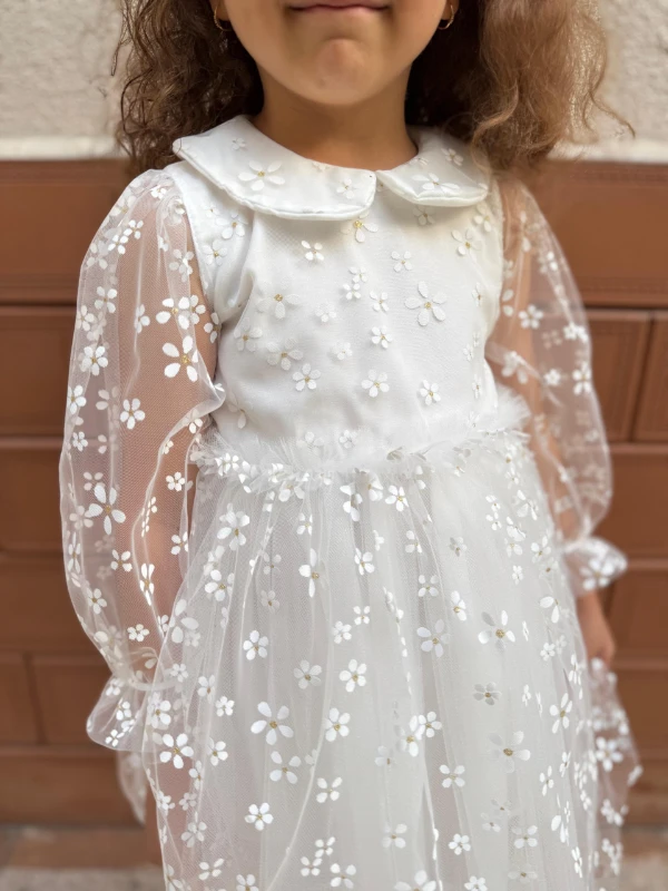 Kız Çocuk Bebek Uzun Kollu Papatyalı Çiçekli Tüllü Doğum Günü Düğün Parti Özel Gün Bayramlık Elbise - BEYAZ