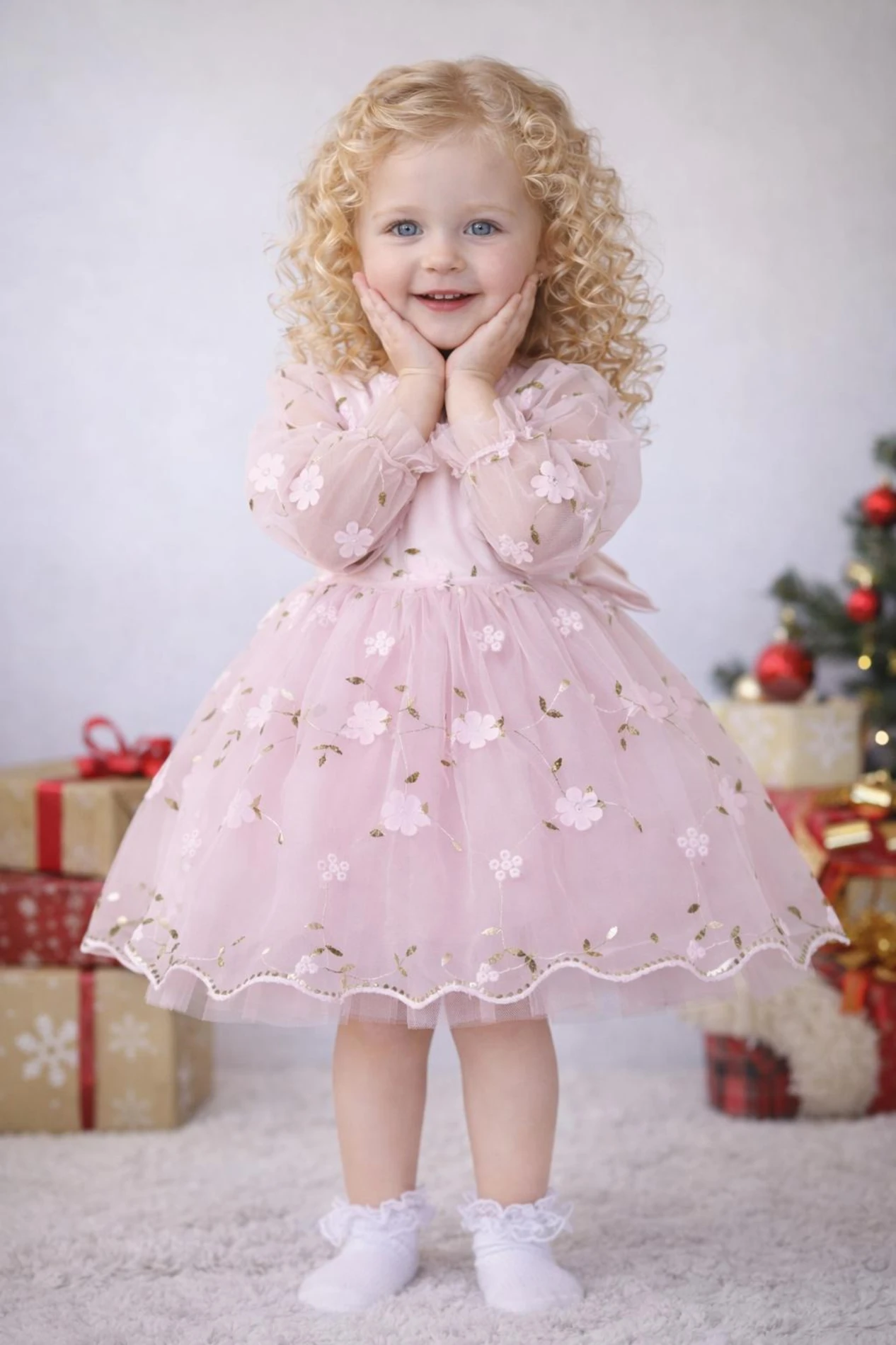 Kız Çocuk Uzun Kollu 3D Çiçekli Vintage Fiyonklu Özel Gün Doğum Günü Elbisesi–Prenses Model  - GÜLKURUSU