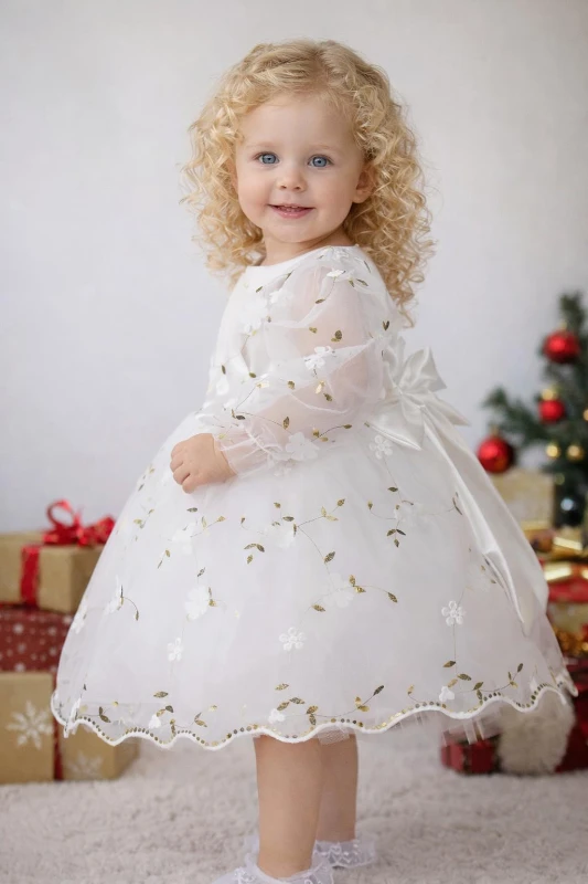 Kız Çocuk Uzun Kollu 3D Çiçekli Vintage Fiyonklu Özel Gün Doğum Günü Elbisesi–Prenses Model  - BEYAZ