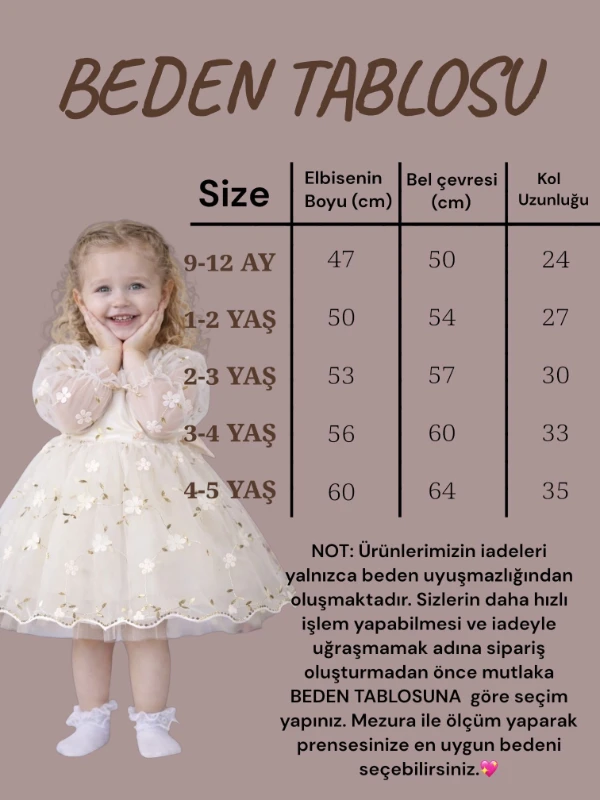 Kız Çocuk Uzun Kollu 3D Çiçekli Vintage Fiyonklu Özel Gün Doğum Günü Elbisesi–Prenses Model  - BEJ