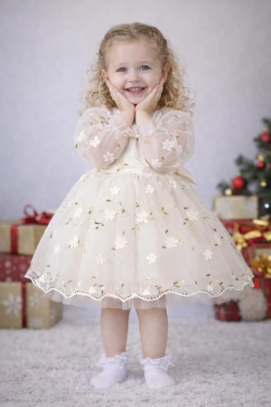 Kız Çocuk Uzun Kollu 3D Çiçekli Vintage Fiyonklu Özel Gün Doğum Günü Elbisesi–Prenses Model  - BEJ
