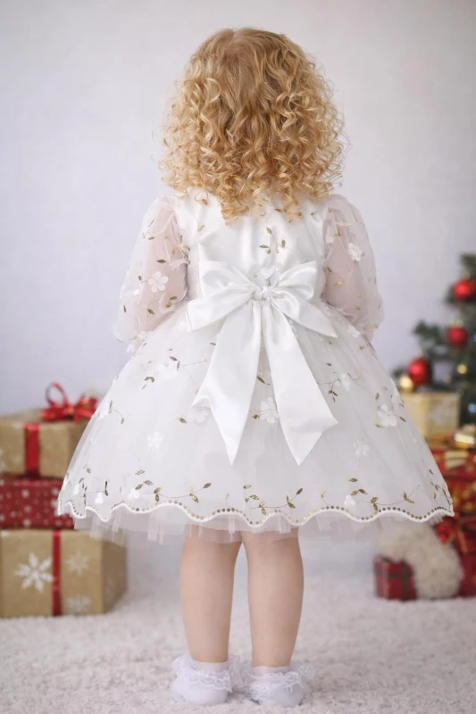 Kız Çocuk Uzun Kollu 3D Çiçekli Vintage Fiyonklu Özel Gün Doğum Günü Elbisesi–Prenses Model  - BEYAZ