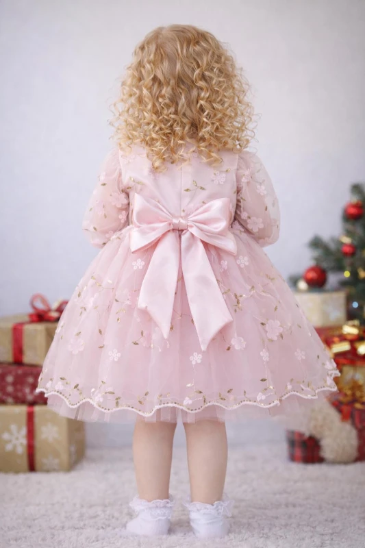 Kız Çocuk Uzun Kollu 3D Çiçekli Vintage Fiyonklu Özel Gün Doğum Günü Elbisesi–Prenses Model  - GÜLKURUSU